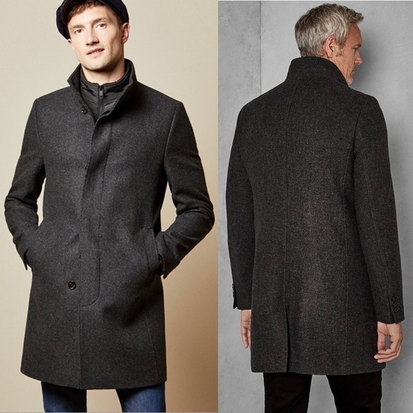 TED BAKER Wool Charcoal Tweed Single Breasted Funnel Neck Shell Panel Coat 44 - Picture 3 of 16